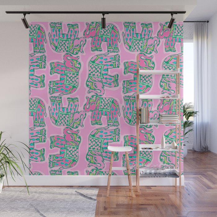 Elephant Block Print in Pink and Green Wall Mural Gallery Image 1
