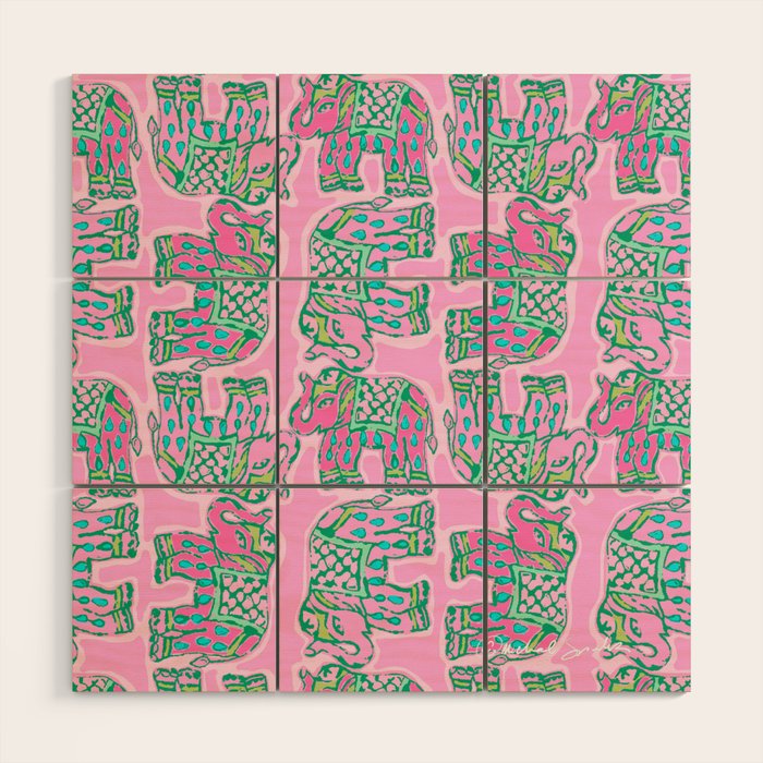 Elephant Block Print in Pink and Green Wood Wall Art Gallery Image 1