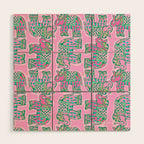 Elephant Block Print in Pink and Green Wood Wall Art Gallery Image 1