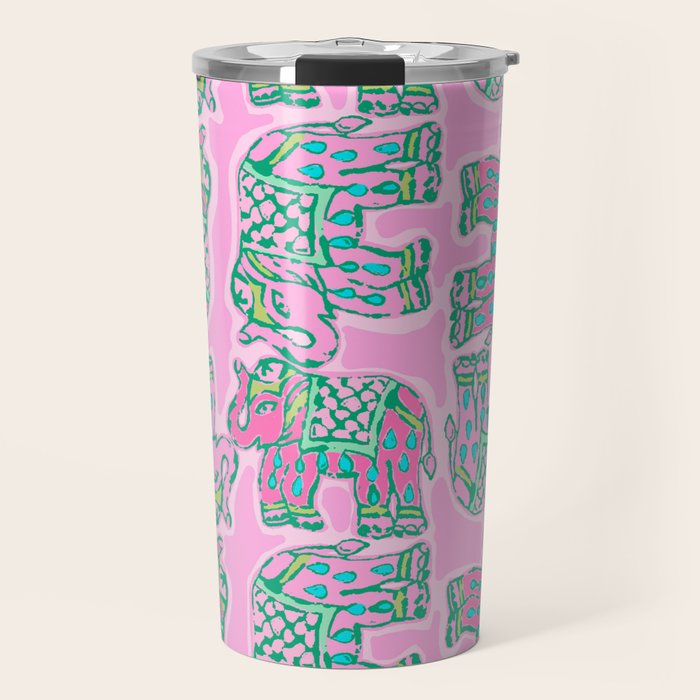 Elephant Block Print in Pink and Green Travel Mug Gallery Image 1