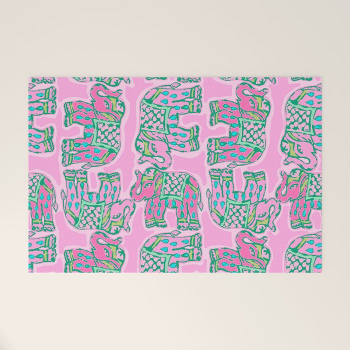 Elephant Block Print in Pink and Green Welcome Mat Gallery Image 1