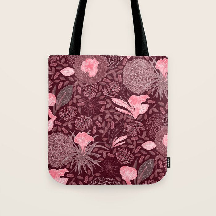 Forest Full of Wild Mushrooms in Burgundy & Peach Tote Bag Gallery Image 1