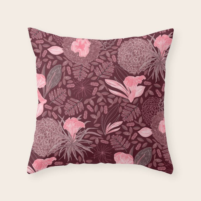 Forest Full of Wild Mushrooms in Burgundy & Peach Throw Pillow Gallery Image 1