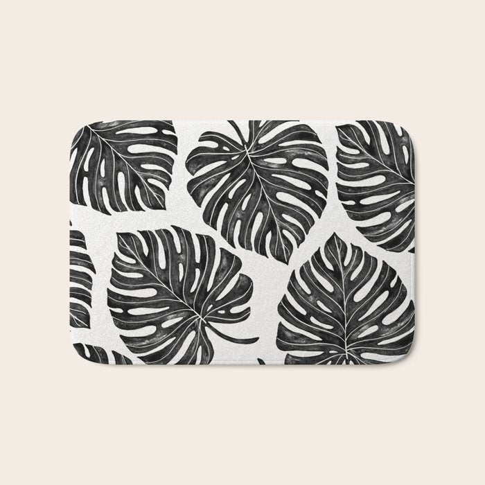 Watercolor Palm Leaves Black and White Bath Mat Gallery Image 1