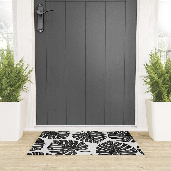 Watercolor Palm Leaves Black and White Welcome Mat Gallery Image 3