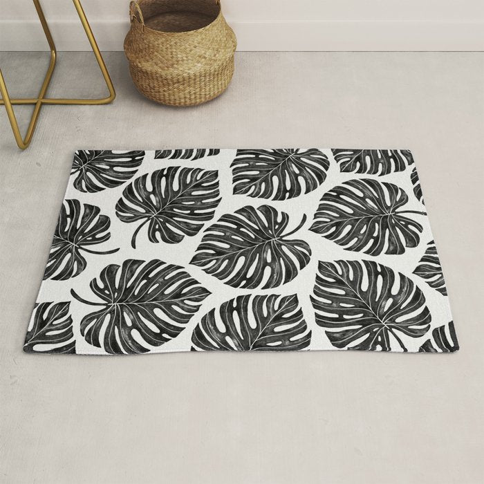 Watercolor Palm Leaves Black and White Rug Gallery Image 1