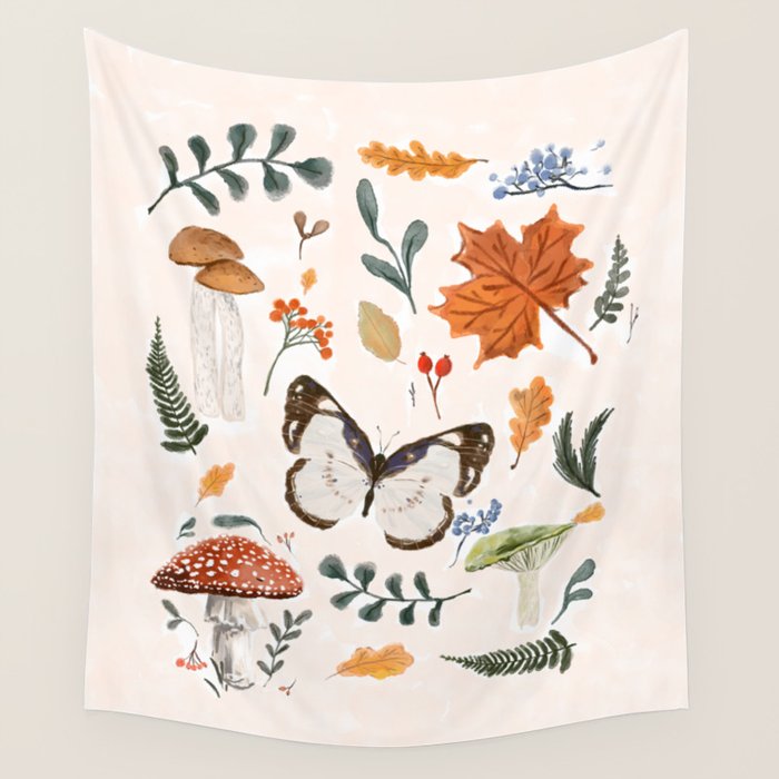 Whimsical Autumn Butterfly with Mushrooms and Leaves Wall Tapestry Gallery Image 4