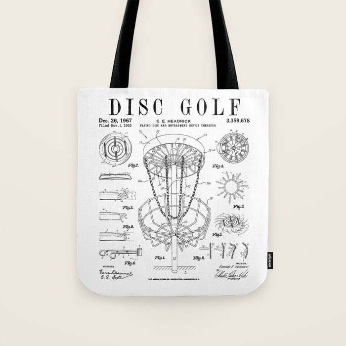 Disc Golf Frolf Frisbee Basket Vintage Patent Drawing Print Tote Bag Gallery Image 1