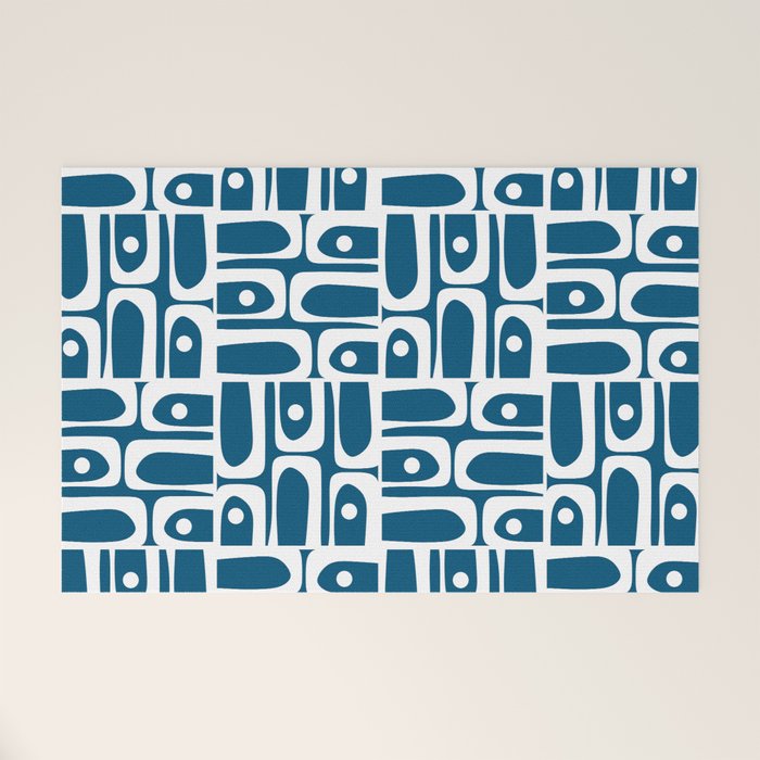 Blue and White Mid Century Modern Piquet Abstract Multi Geometric Pattern Welcome Mat Gallery Image 1