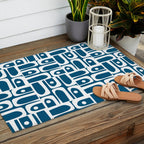Blue and White Mid Century Modern Piquet Abstract Multi Geometric Pattern Outdoor Rug Gallery Image 2
