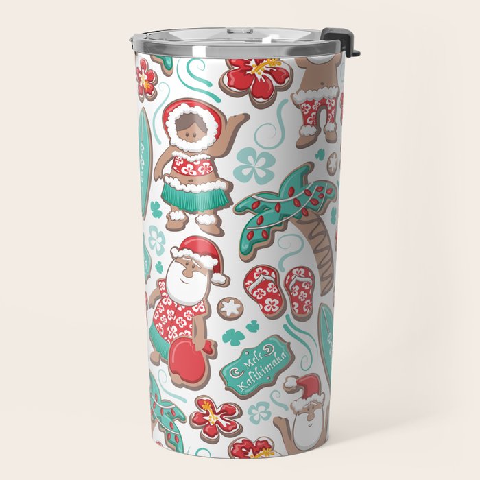Mele Kalikimaka Hawaiian Christmas gingerbread cookies // white background Travel Mug Gallery Image 2