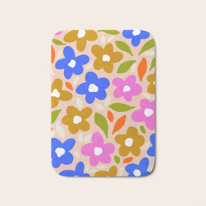 Retro Floral Meadow Nº2 Ochre, Blue Bath Mat Gallery Image 1