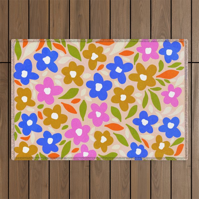 Retro Floral Meadow Nº2 Ochre, Blue Outdoor Rug Gallery Image 1