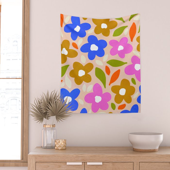 Retro Floral Meadow Nº2 Ochre, Blue Wall Tapestry Gallery Image 2
