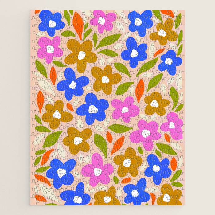 Retro Floral Meadow Nº2 Ochre, Blue Jigsaw Puzzle Gallery Image 1
