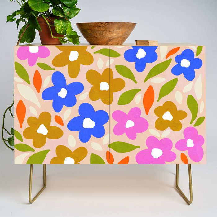 Retro Floral Meadow Nº2 Ochre, Blue Credenza Gallery Image 1