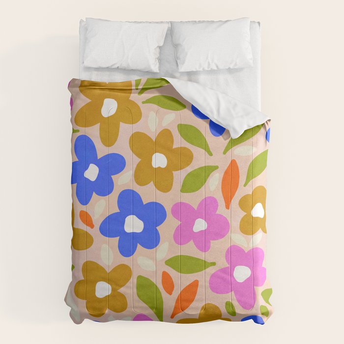 Retro Floral Meadow Nº2 Ochre, Blue Comforter Gallery Image 6