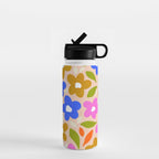 Retro Floral Meadow Nº2 Ochre, Blue Water Bottle Gallery Image 1