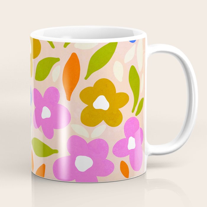 Retro Floral Meadow Nº2 Ochre, Blue Coffee Mug Gallery Image 1