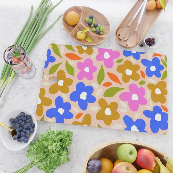 Retro Floral Meadow Nº2 Ochre, Blue Cutting Board Gallery Image 2
