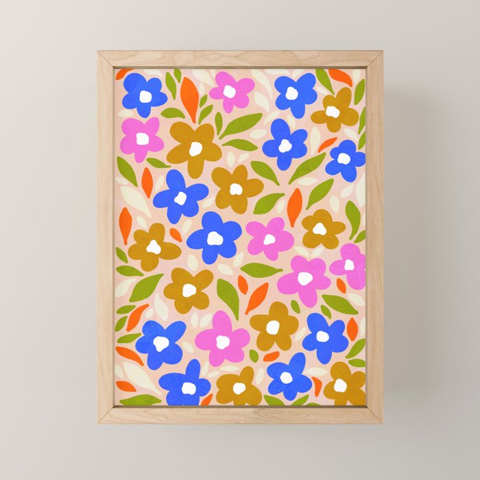 Retro Floral Meadow Nº2 Ochre, Blue Mini Art Print Gallery Image 1