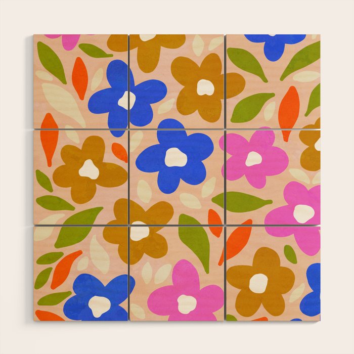 Retro Floral Meadow Nº2 Ochre, Blue Wood Wall Art Gallery Image 1