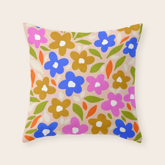Retro Floral Meadow Nº2 Ochre, Blue Throw Pillow Gallery Image 6