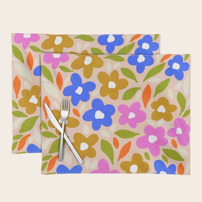 Retro Floral Meadow Nº2 Ochre, Blue Placemat Gallery Image 1