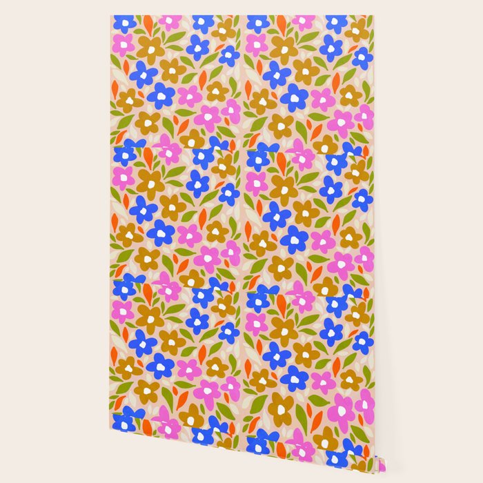 Retro Floral Meadow Nº2 Ochre, Blue Wallpaper Gallery Image 2