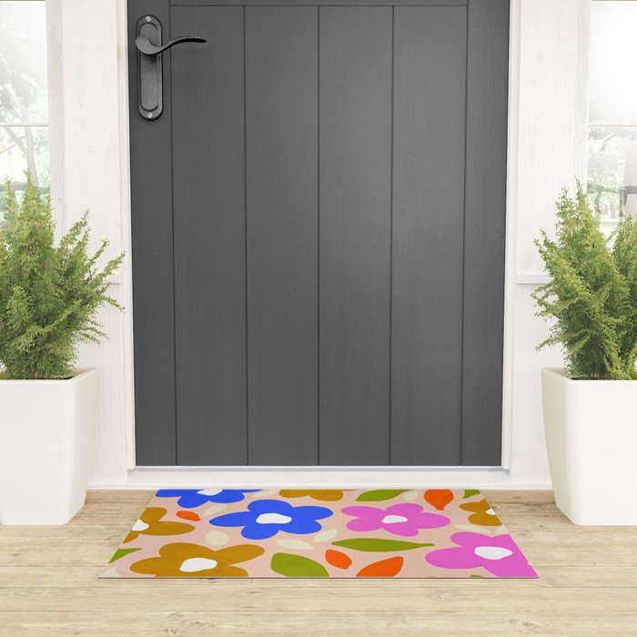 Retro Floral Meadow Nº2 Ochre, Blue Welcome Mat Gallery Image 3
