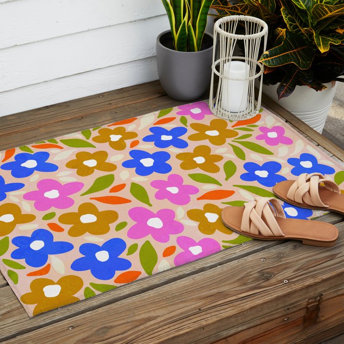 Retro Floral Meadow Nº2 Ochre, Blue Outdoor Rug Gallery Image 2