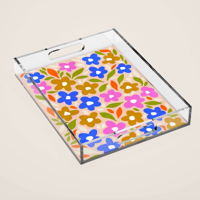 Retro Floral Meadow Nº2 Ochre, Blue Acrylic Tray Gallery Image 1