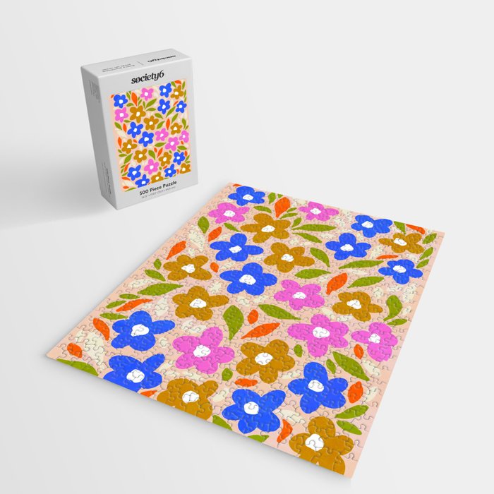 Retro Floral Meadow Nº2 Ochre, Blue Jigsaw Puzzle Gallery Image 2