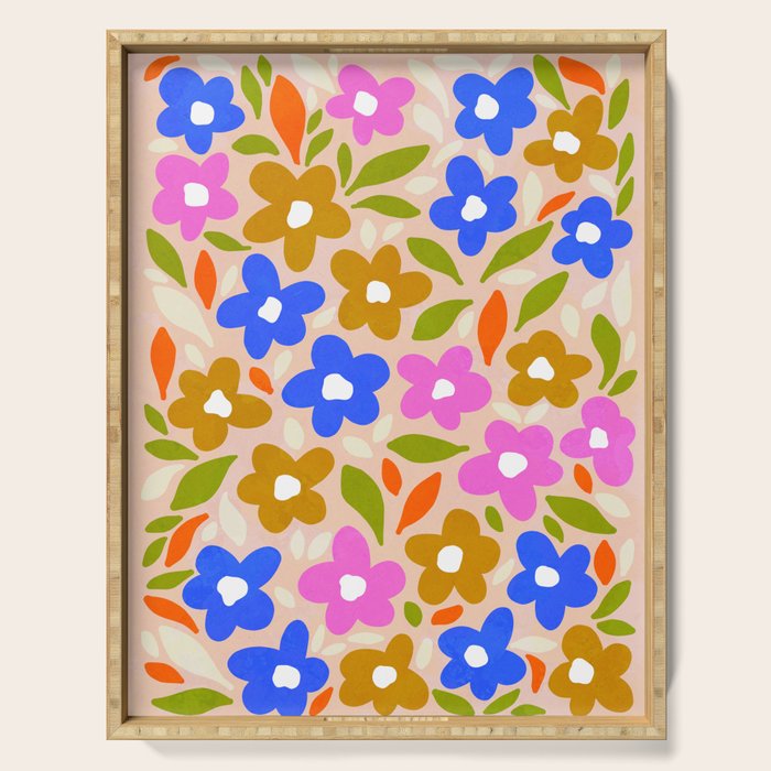 Retro Floral Meadow Nº2 Ochre, Blue Serving Tray Gallery Image 1
