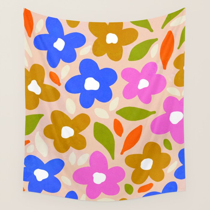 Retro Floral Meadow Nº2 Ochre, Blue Wall Tapestry Gallery Image 4