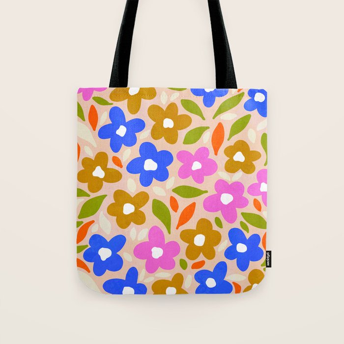 Retro Floral Meadow Nº2 Ochre, Blue Tote Bag Gallery Image 1