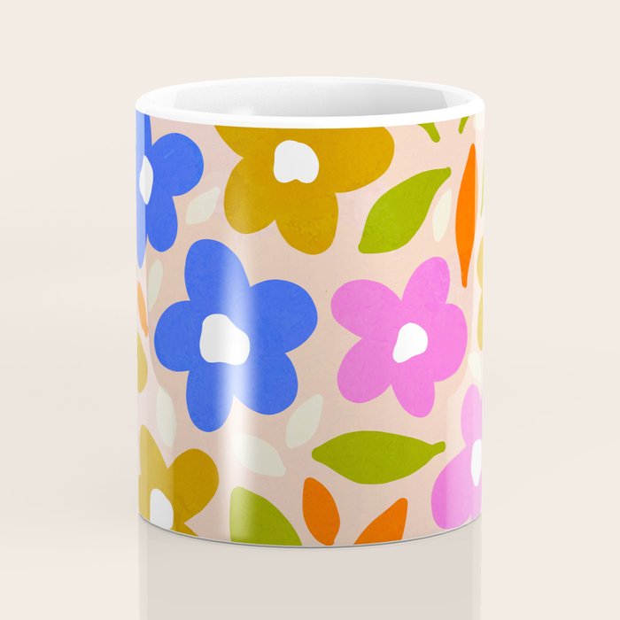 Retro Floral Meadow Nº2 Ochre, Blue Coffee Mug Gallery Image 4