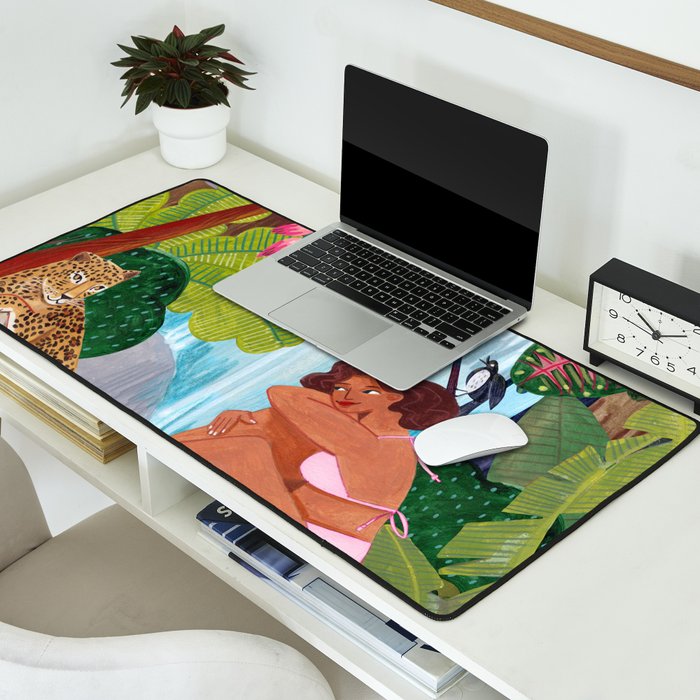Woman in tropical forest with Leopard Desk Mat Gallery Image 2