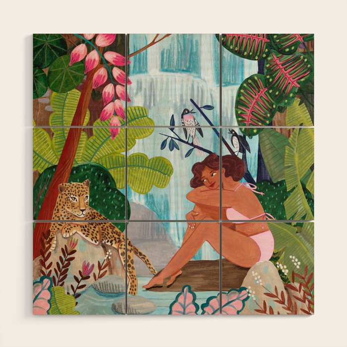 Woman in tropical forest with Leopard Wood Wall Art Gallery Image 1