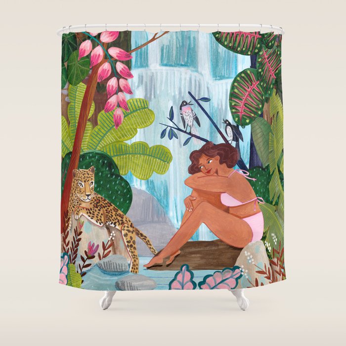 Woman in tropical forest with Leopard Shower Curtain Gallery Image 1