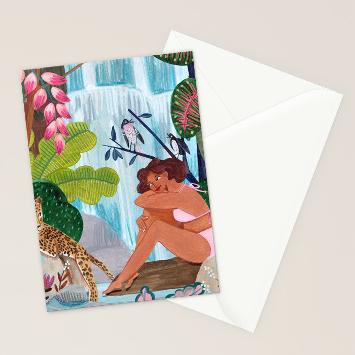 Woman in tropical forest with Leopard Stationery Card Gallery Image 2