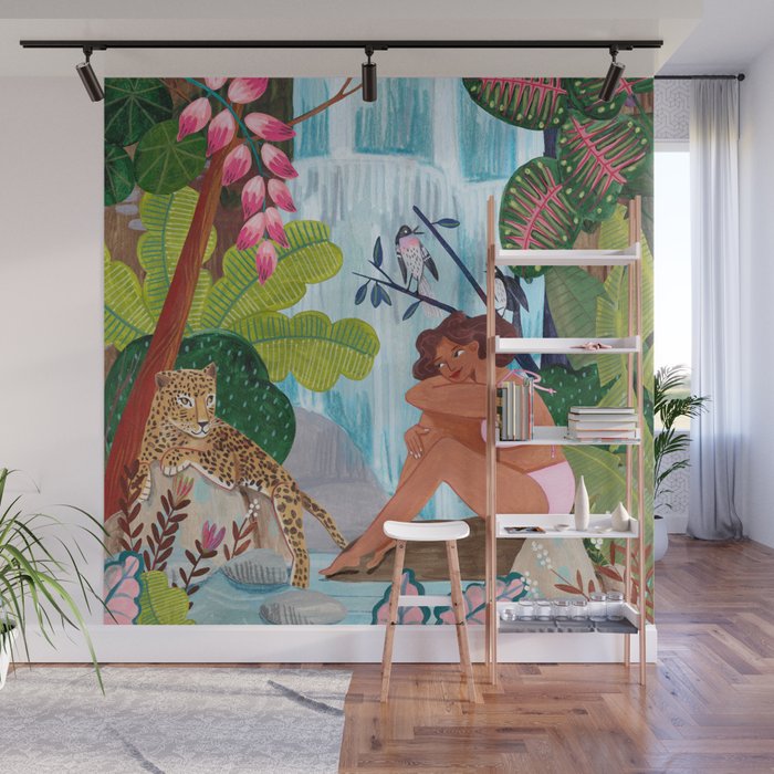 Woman in tropical forest with Leopard Wall Mural Gallery Image 1