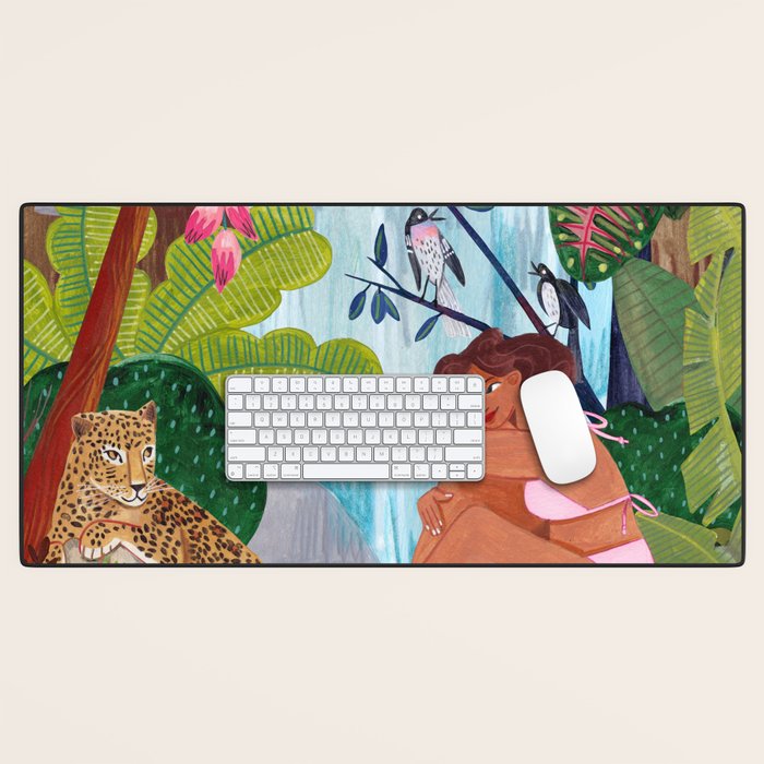 Woman in tropical forest with Leopard Desk Mat Gallery Image 1
