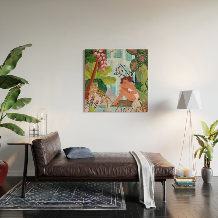 Woman in tropical forest with Leopard Wood Wall Art Gallery Image 2