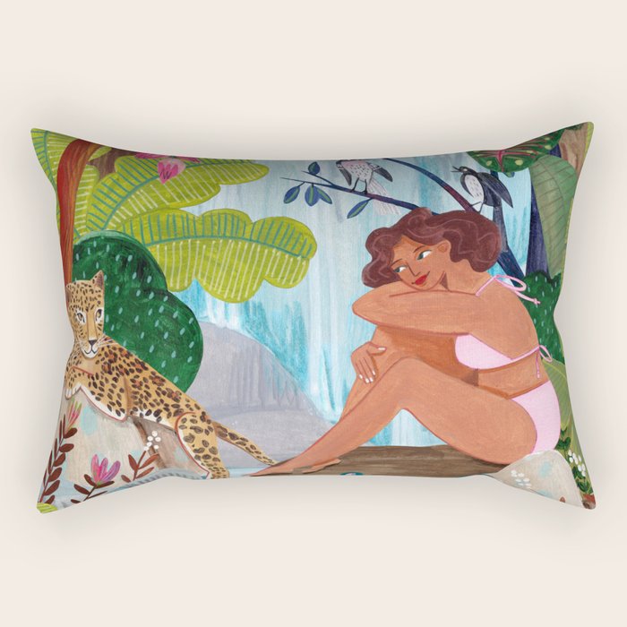 Woman in tropical forest with Leopard Rectangular Pillow Gallery Image 1