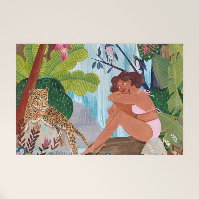 Woman in tropical forest with Leopard Welcome Mat Gallery Image 1