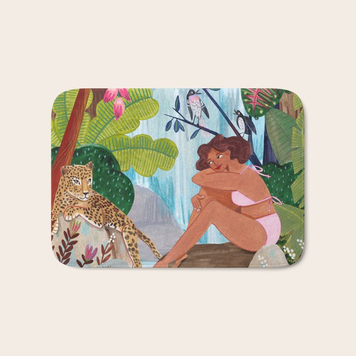 Woman in tropical forest with Leopard Bath Mat Gallery Image 1