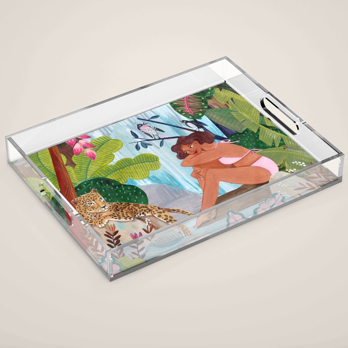 Woman in tropical forest with Leopard Acrylic Tray Gallery Image 1