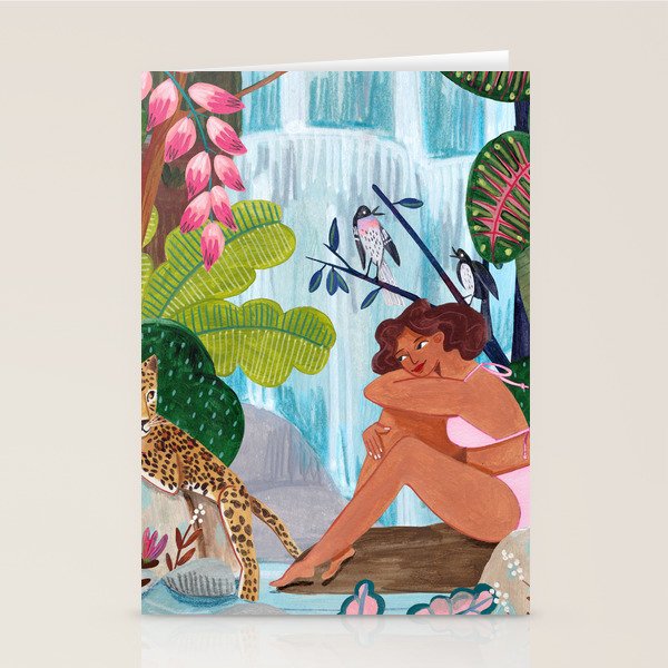 Woman in tropical forest with Leopard Stationery Card Gallery Image 2