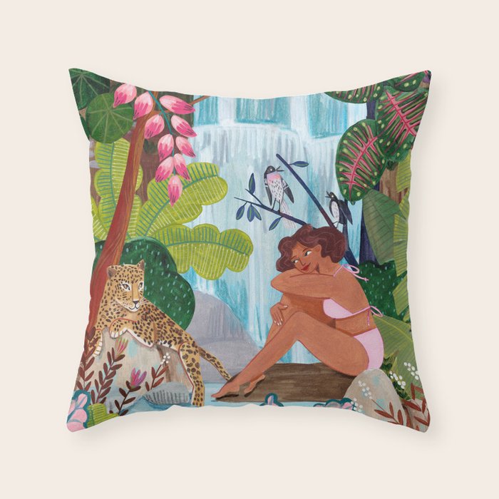 Woman in tropical forest with Leopard Throw Pillow Gallery Image 1